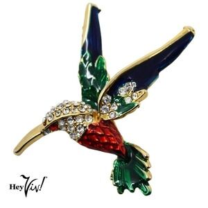 Vintage Colorful Hummingbird Pin Brooch Pave Rhinestone Enamel 2.5" - Hey Viv